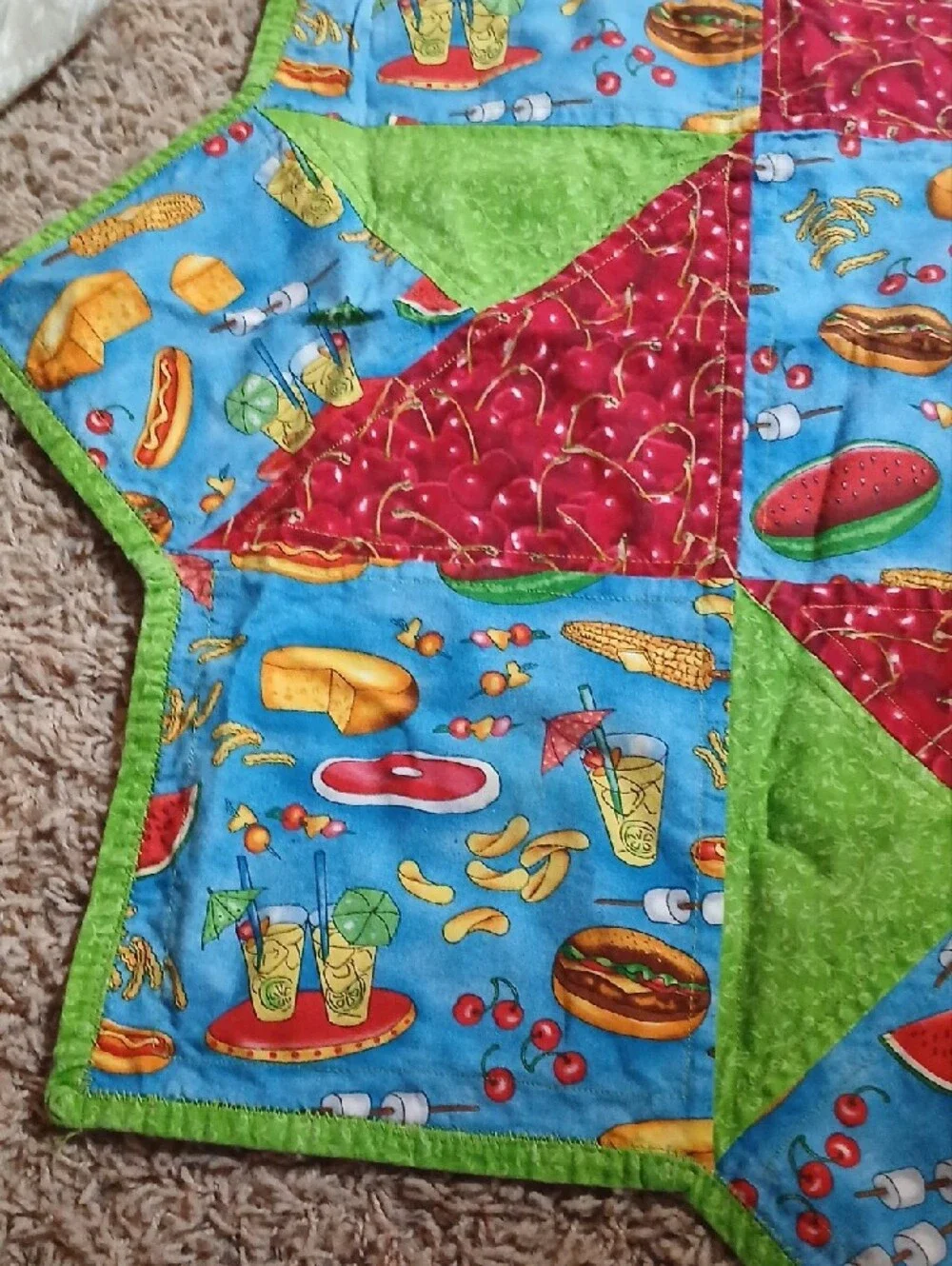 Star Patchwork Picnic Quilt - Blue, Red, Green